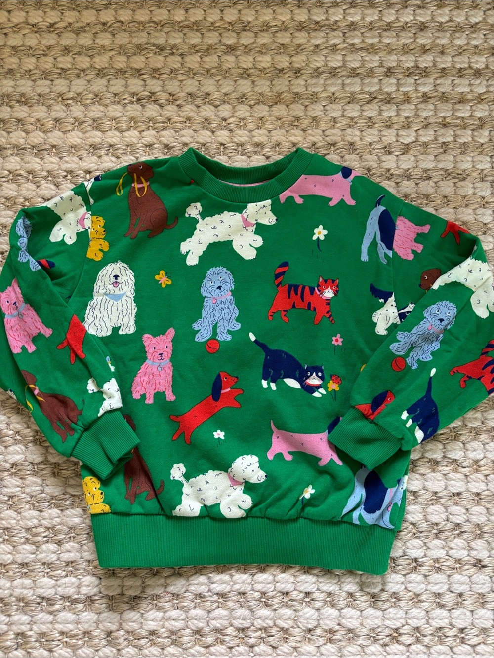 Mini Boden Green Kids Sweatshirt with Colorful Dog Print